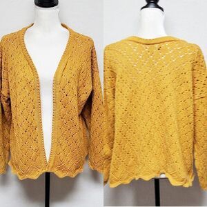 VINTAGE 1990s Hot Cotton Mustard Yellow Open Weave Scalloped Open Front Cardigan